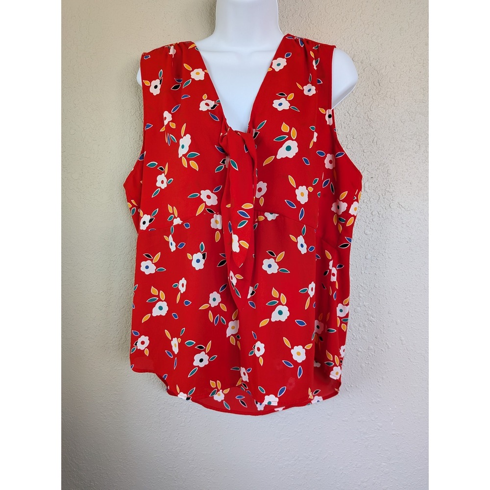 Cabi Tied Up Floral Print Tie-Neck Sleeveless Blouse Casual Top Red‎ Large